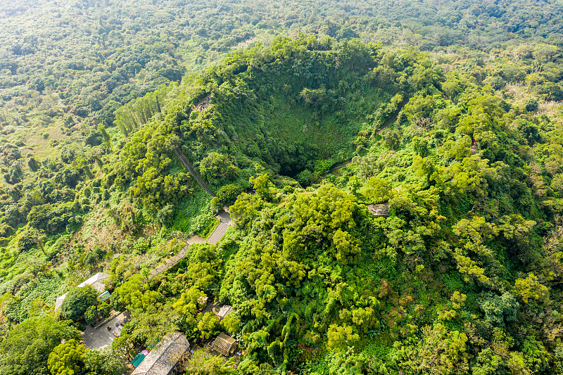 Aerial view of the green volcanic crater at Shishan