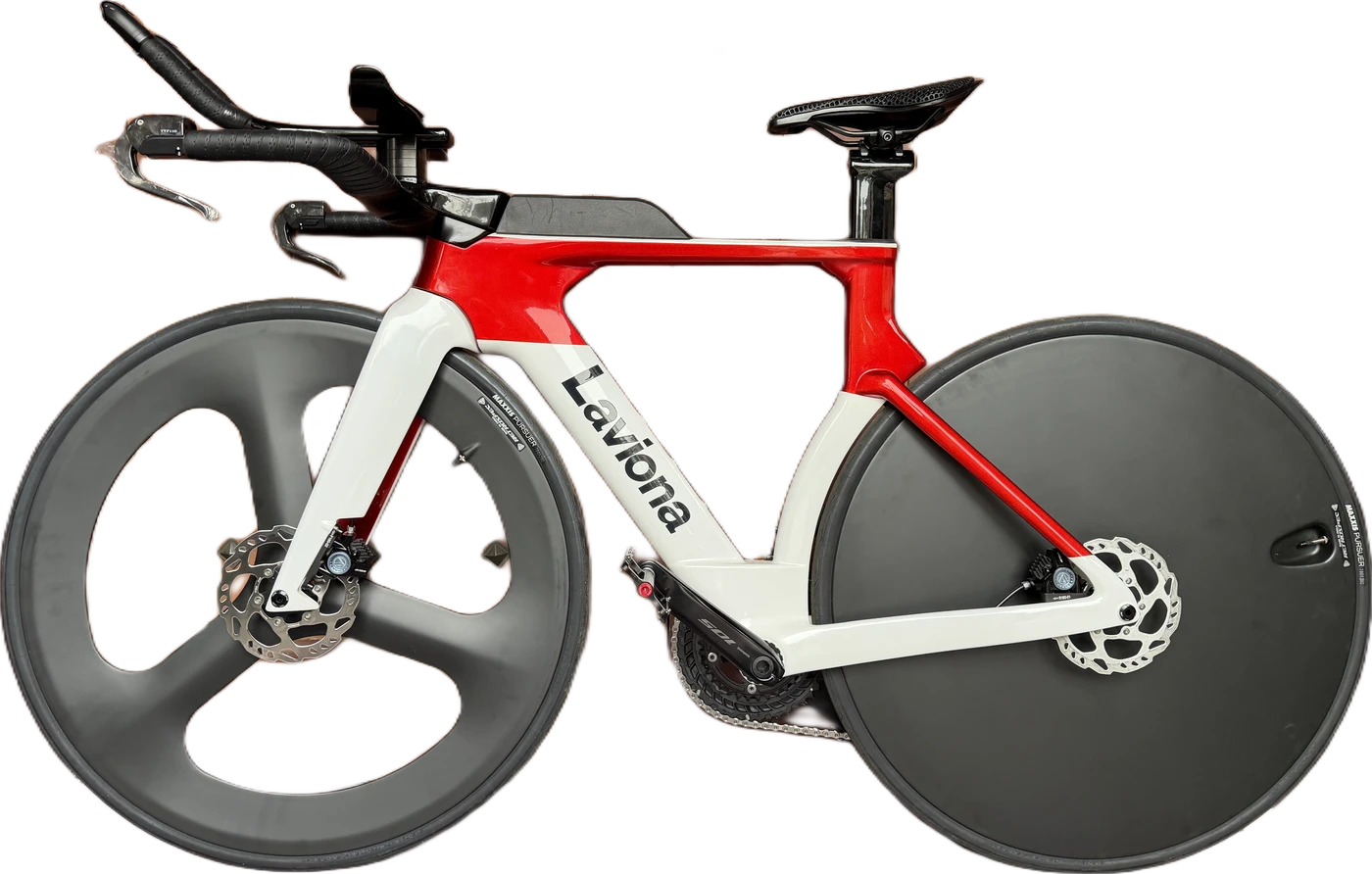 Laviona red and white triathlon bike with disc wheel