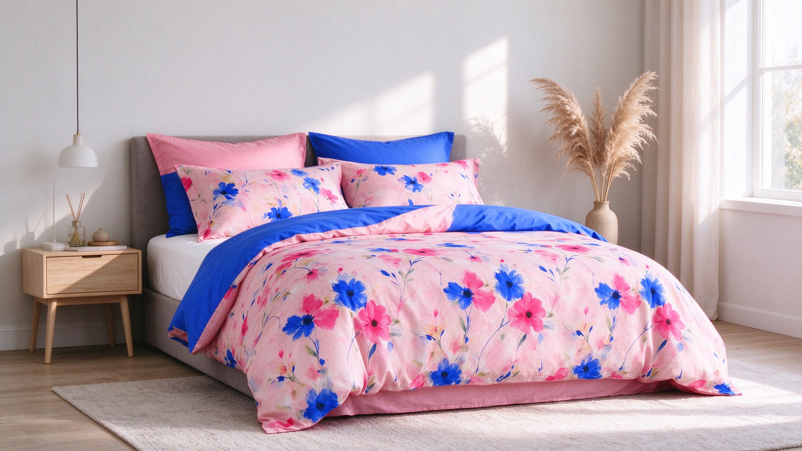 Stylish bedroom with pink and blue bedding set in soft morning light