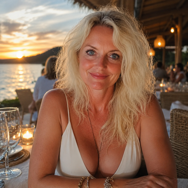 Jennifer S relaxing at a beachside restaurant