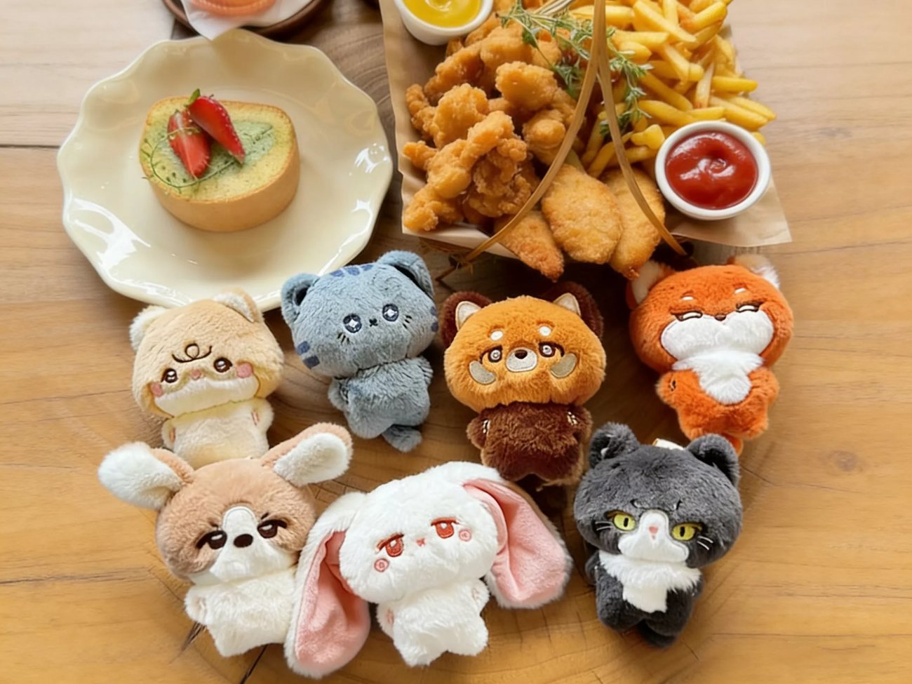 Collection of small custom plush keychains and bag charms in animal designs