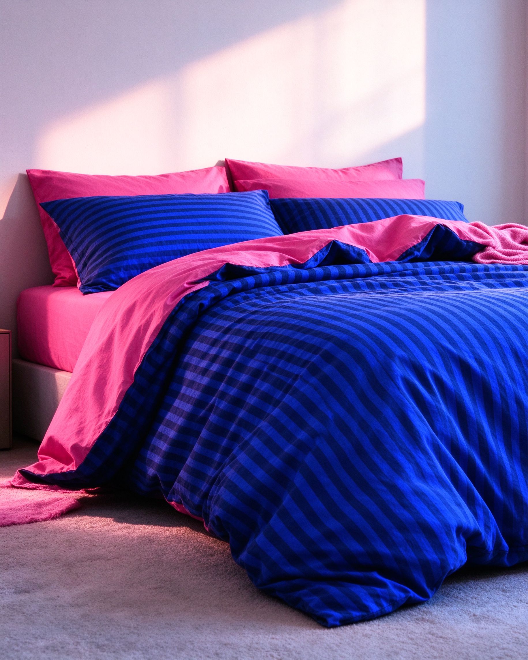 Blue and pink striped bedding half made on a bedroom bed