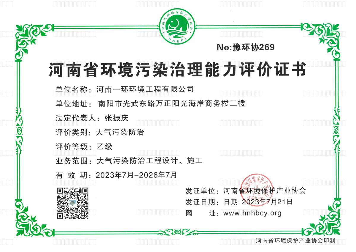 环境污染治理能力评价证书（水污染）