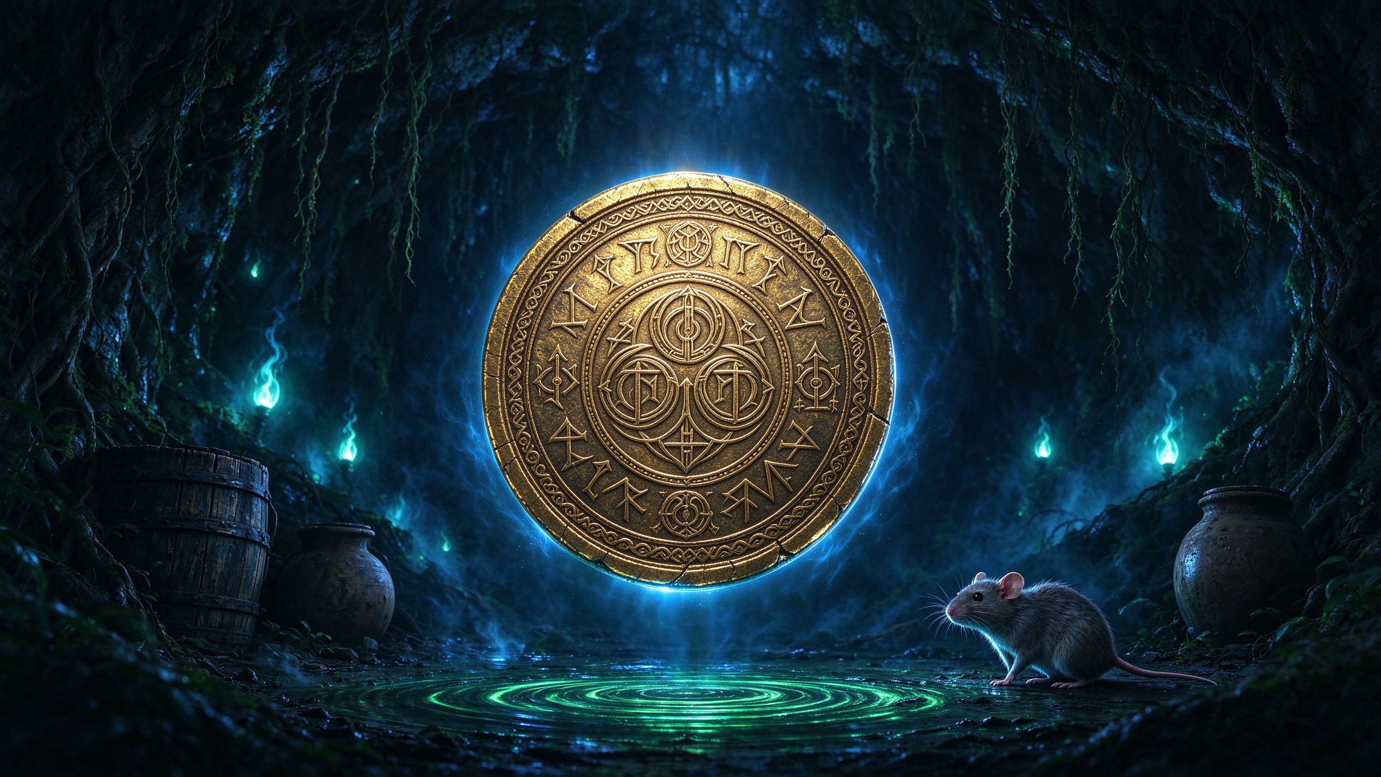 The Luckier Coin glowing in a dark cavern as a small rat leads the way