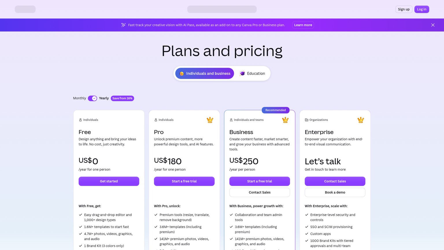 Canva pricing plans