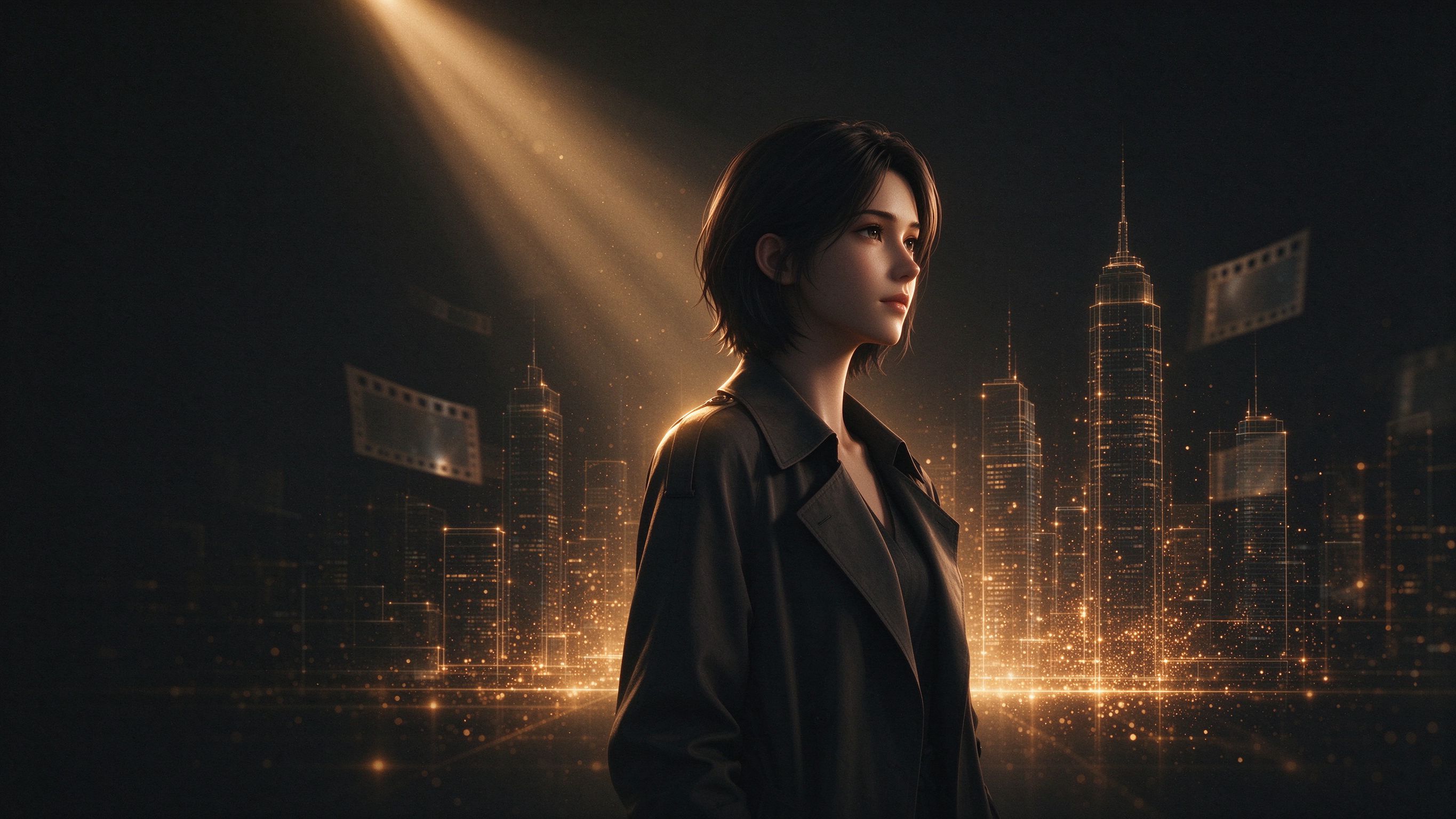 AI 生成的虚拟女演员与数字未来城市夜景