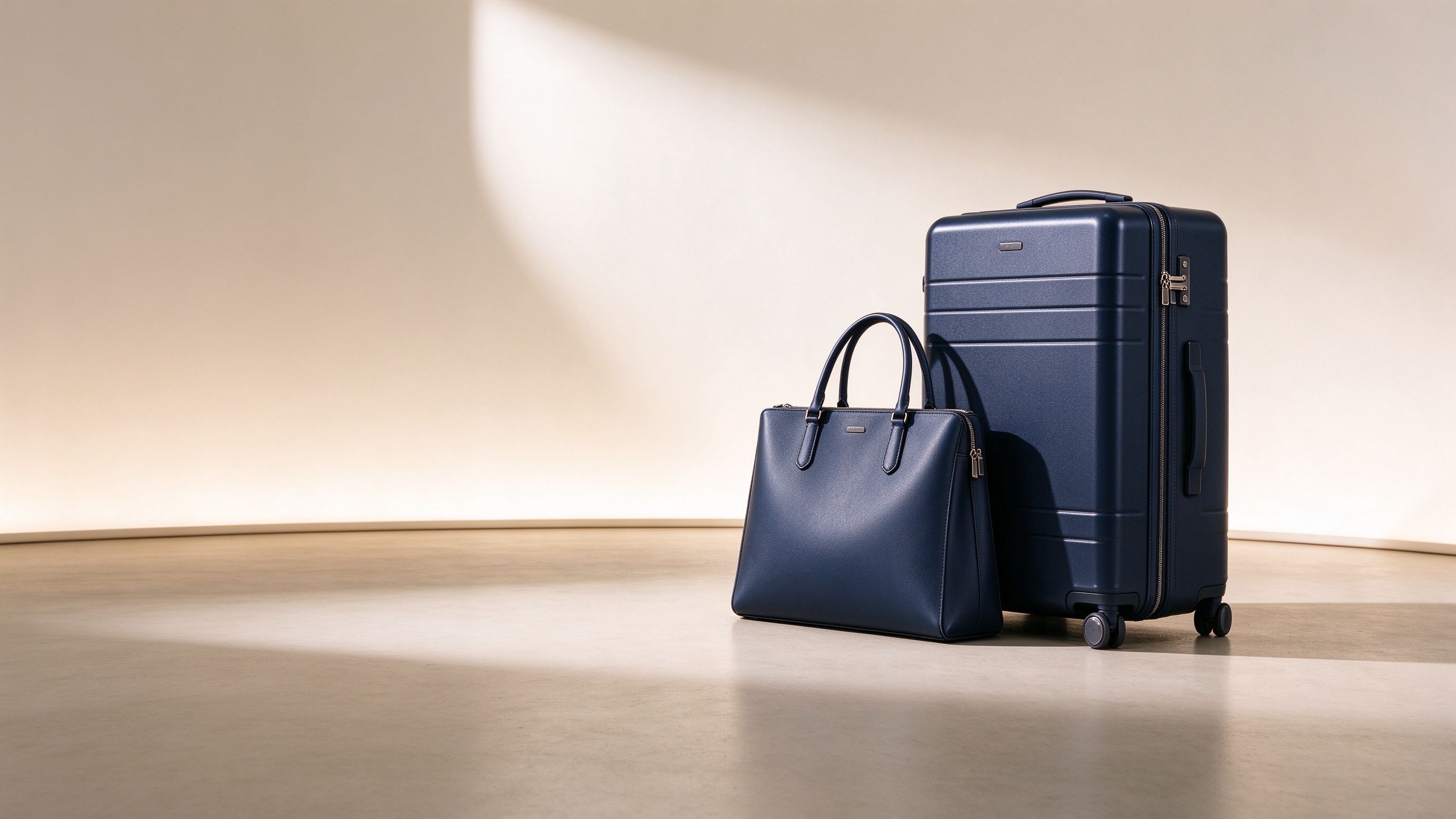 Navy hard-shell suitcase and leather tote bag in a light studio space
