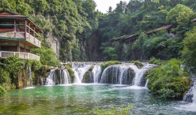 Tiered waterfalls and green pools at Tianhetan Scenic Area, Guiyang