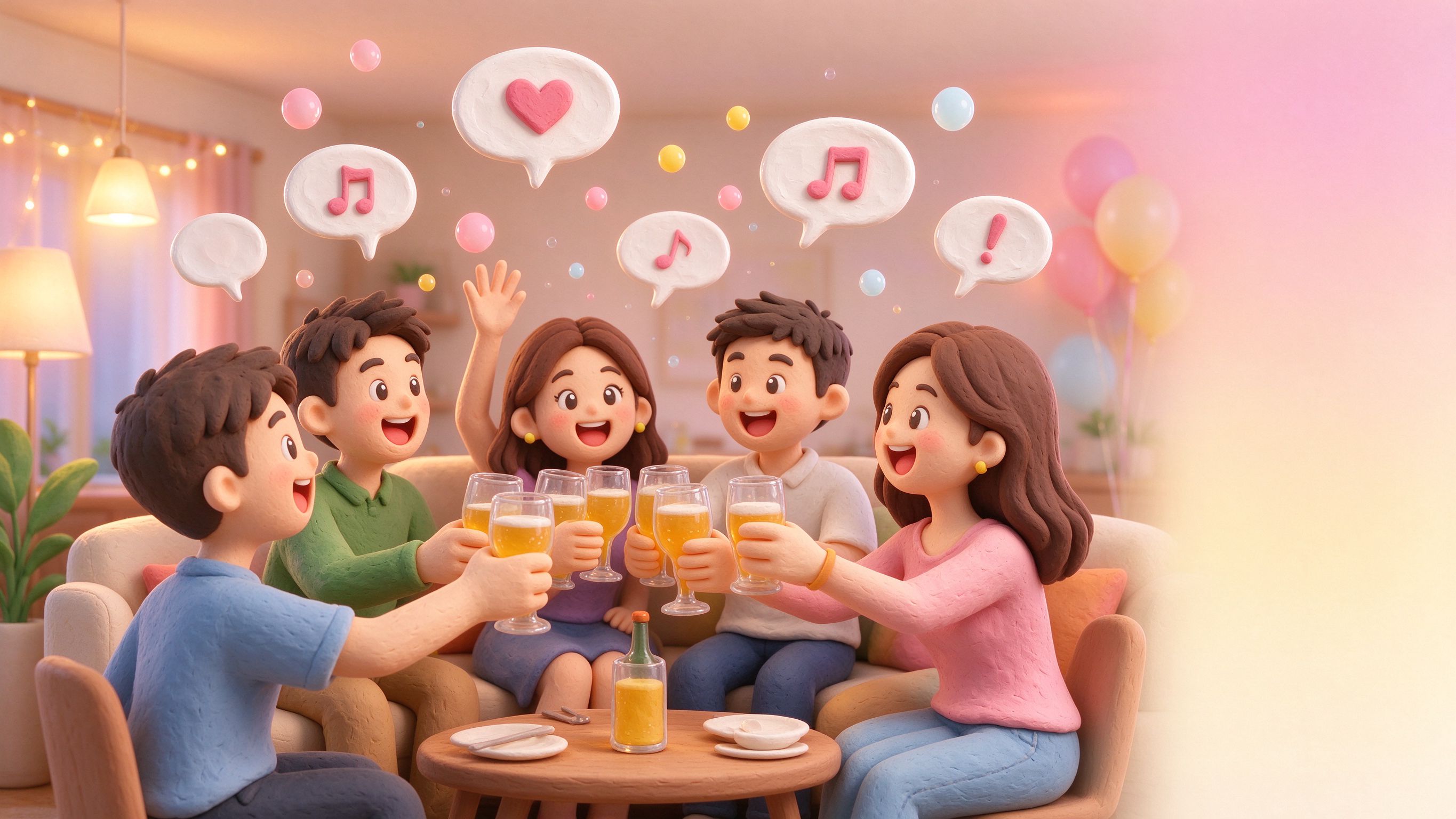 朋友聚會舉杯，頭頂漂浮漫畫對話氣泡的黏土風插畫