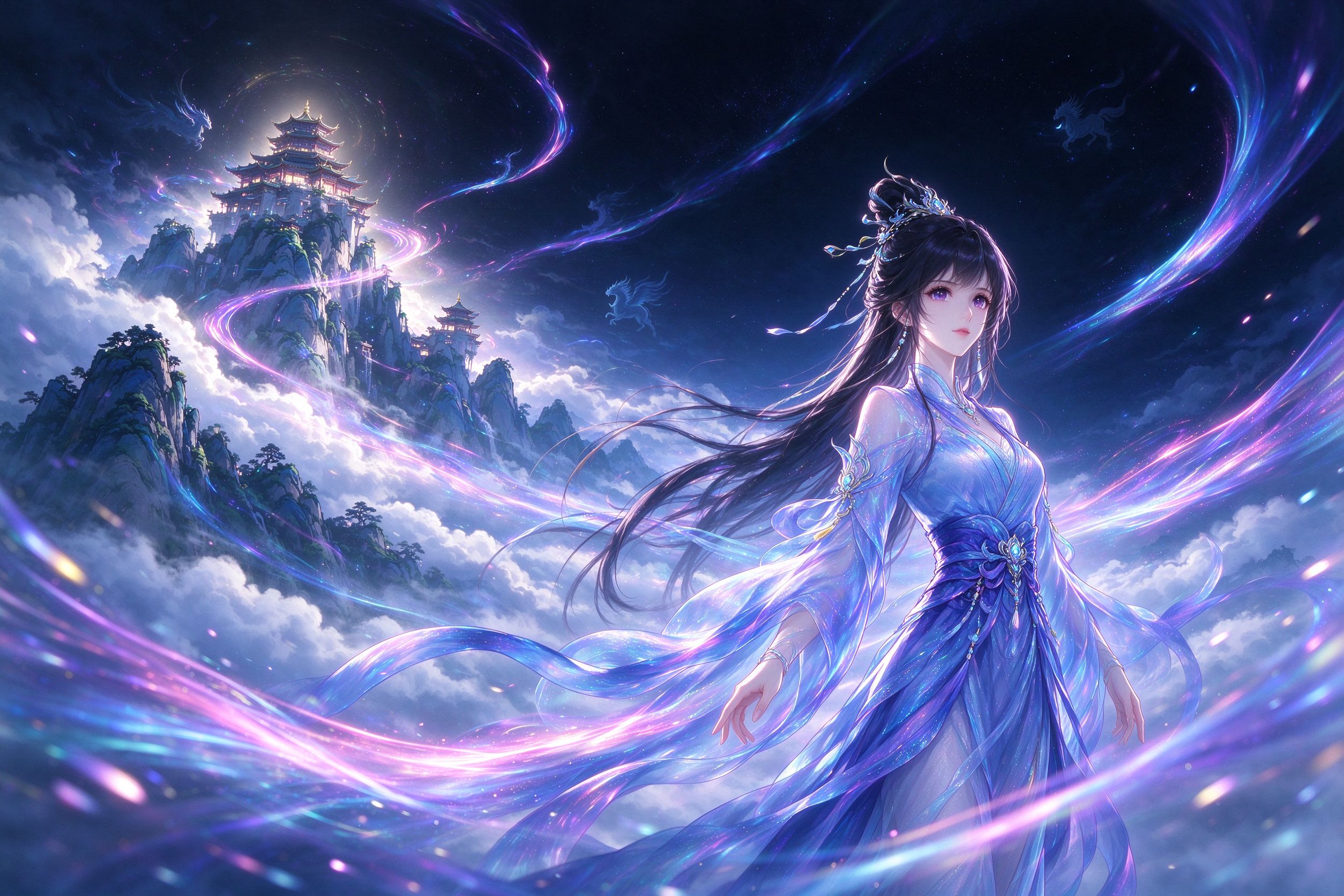 AI动漫制作视觉：仙侠少女与云雾楼阁