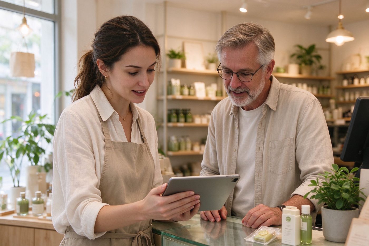 Two people at a shop counter looking at a tablet