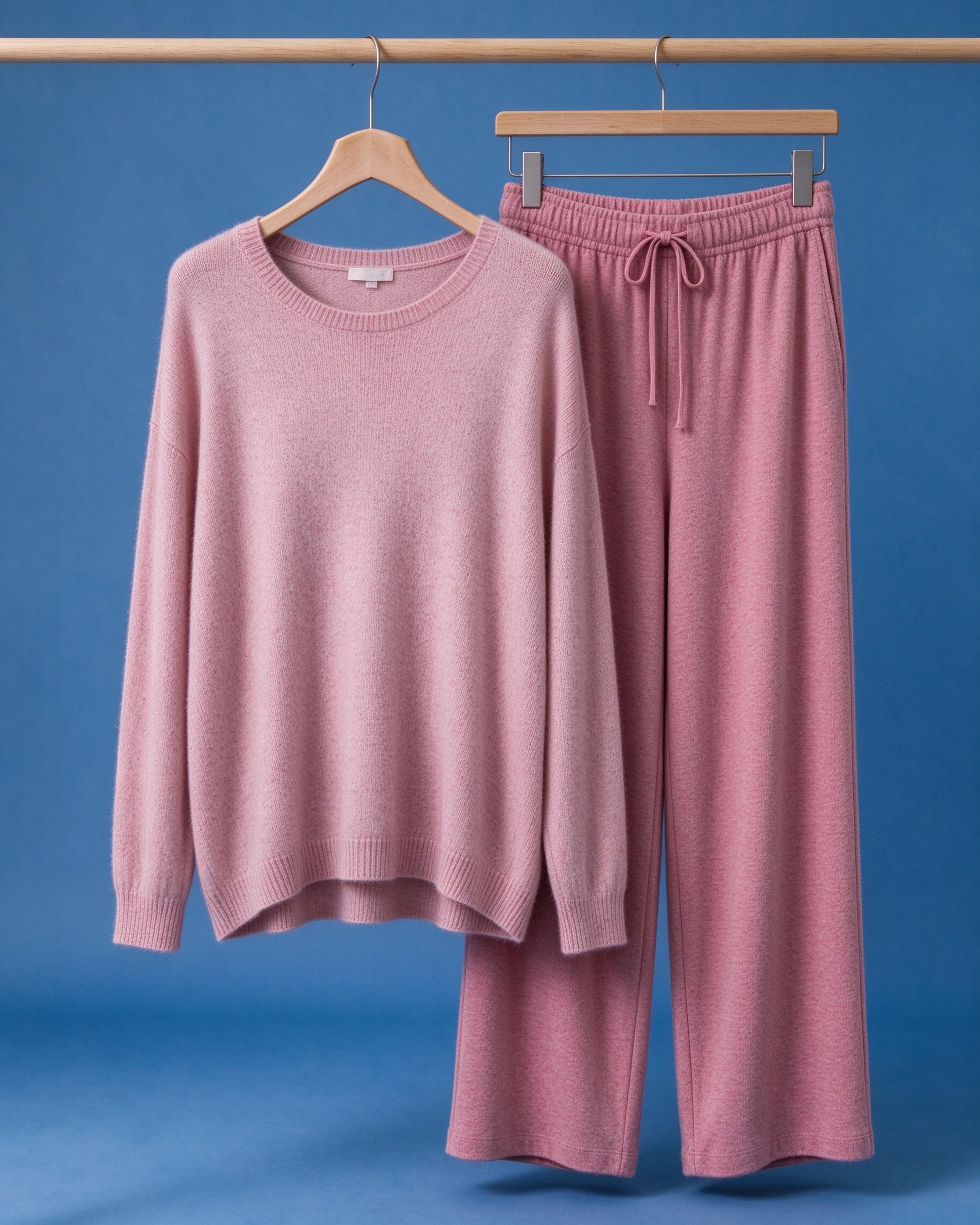 Dusty rose knit loungewear top and wide leg pants