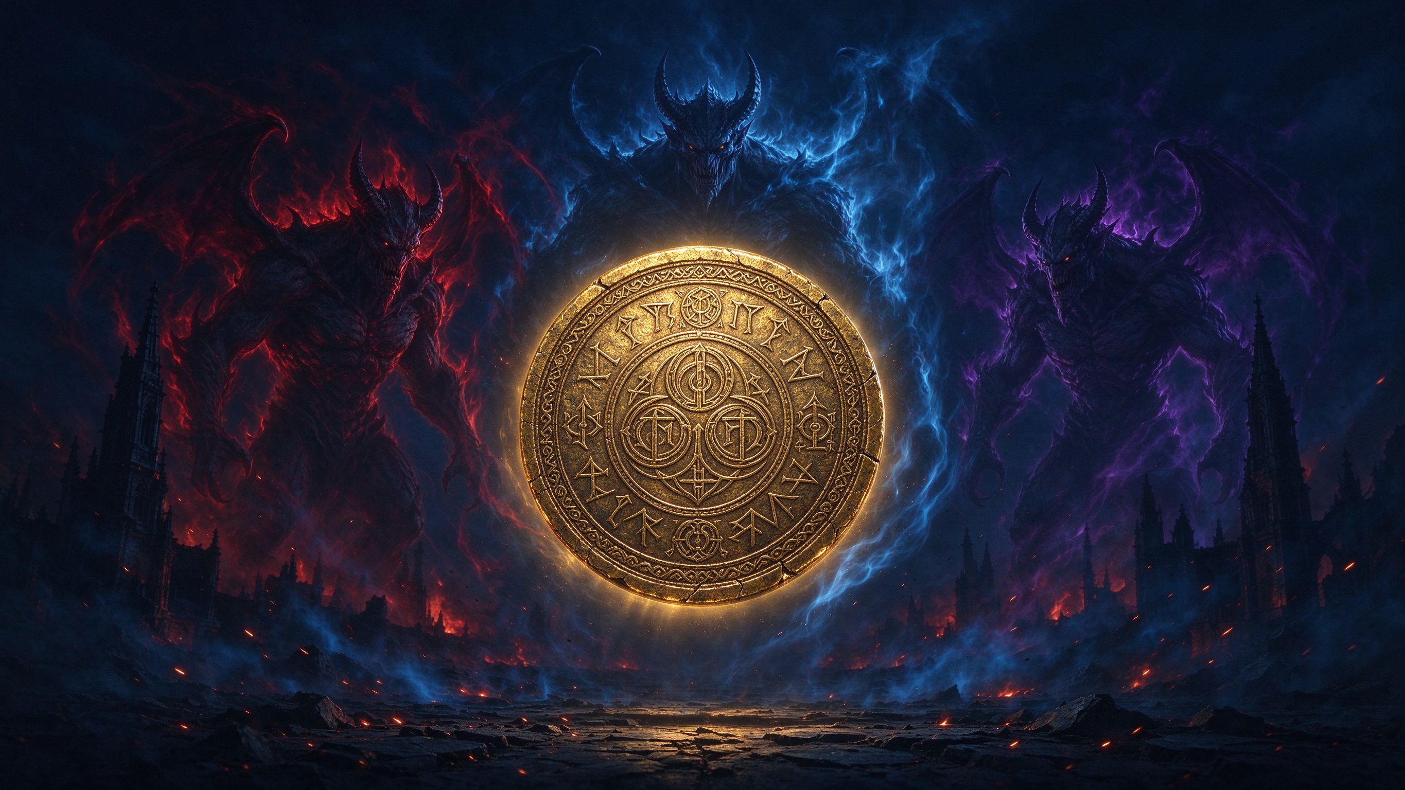 The Lucky Coin Saga &mdash; a golden Horadric coin surrounded by three demonic echoes