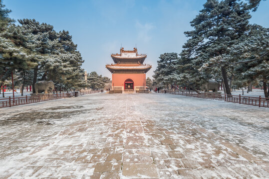 Zhaoling Mausoleum in Beiling Park under winter snow, Shenyang