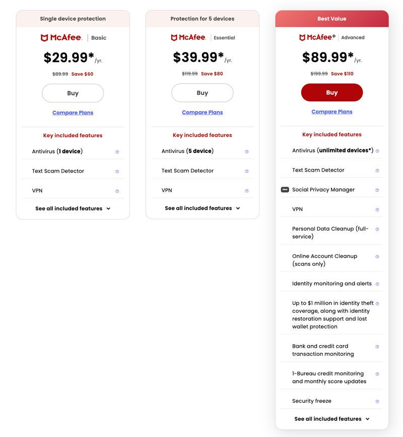 McAfee pricing plans