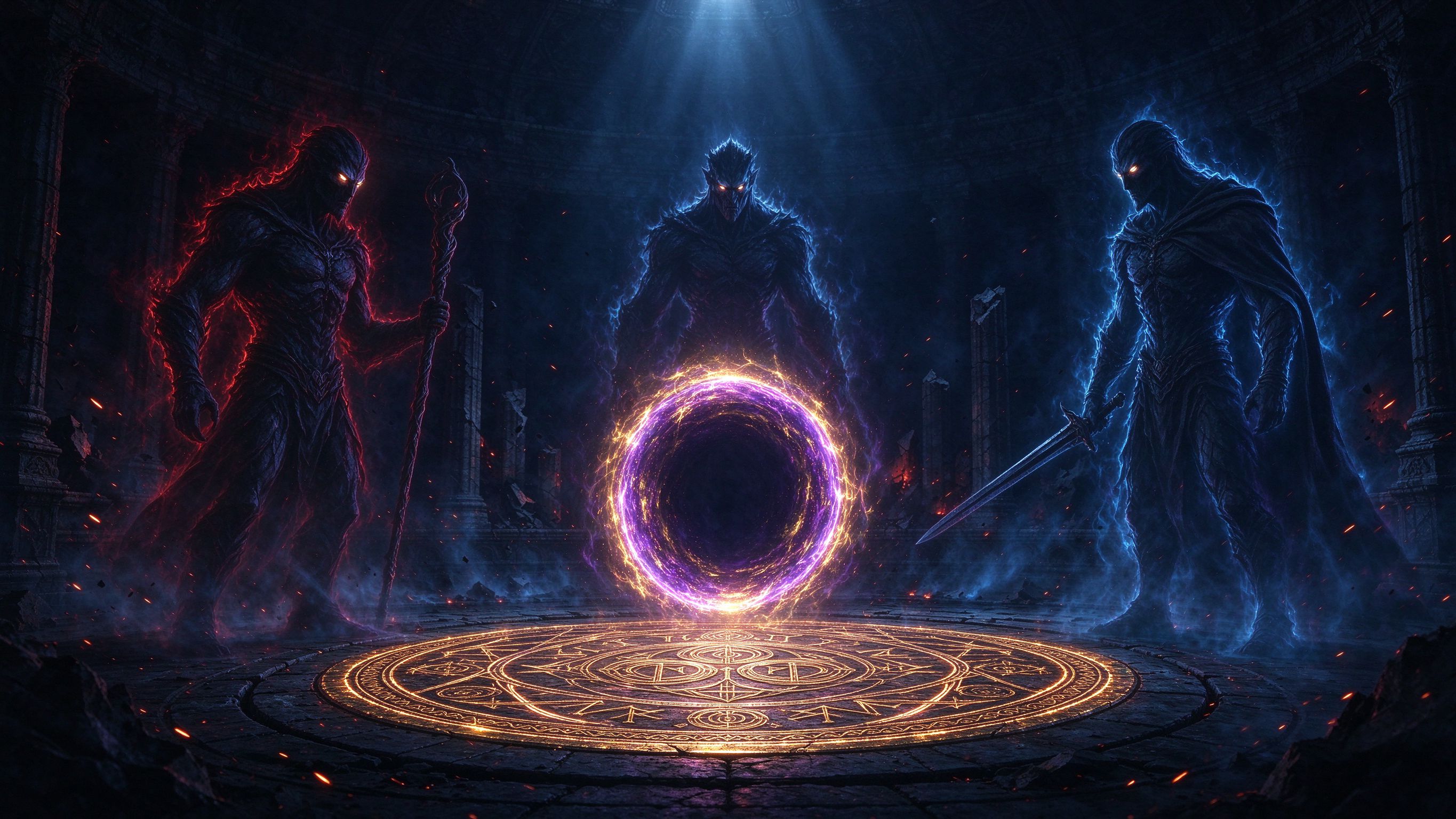 Three shadowy echoes of the Horadrim surround a glowing portal in a ritual arena