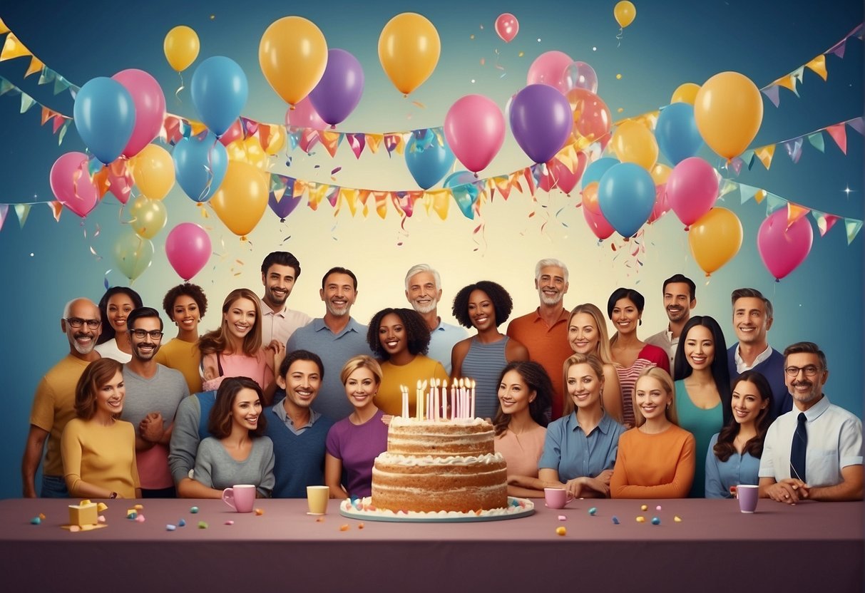 Group of people celebrating a party with balloons and cake