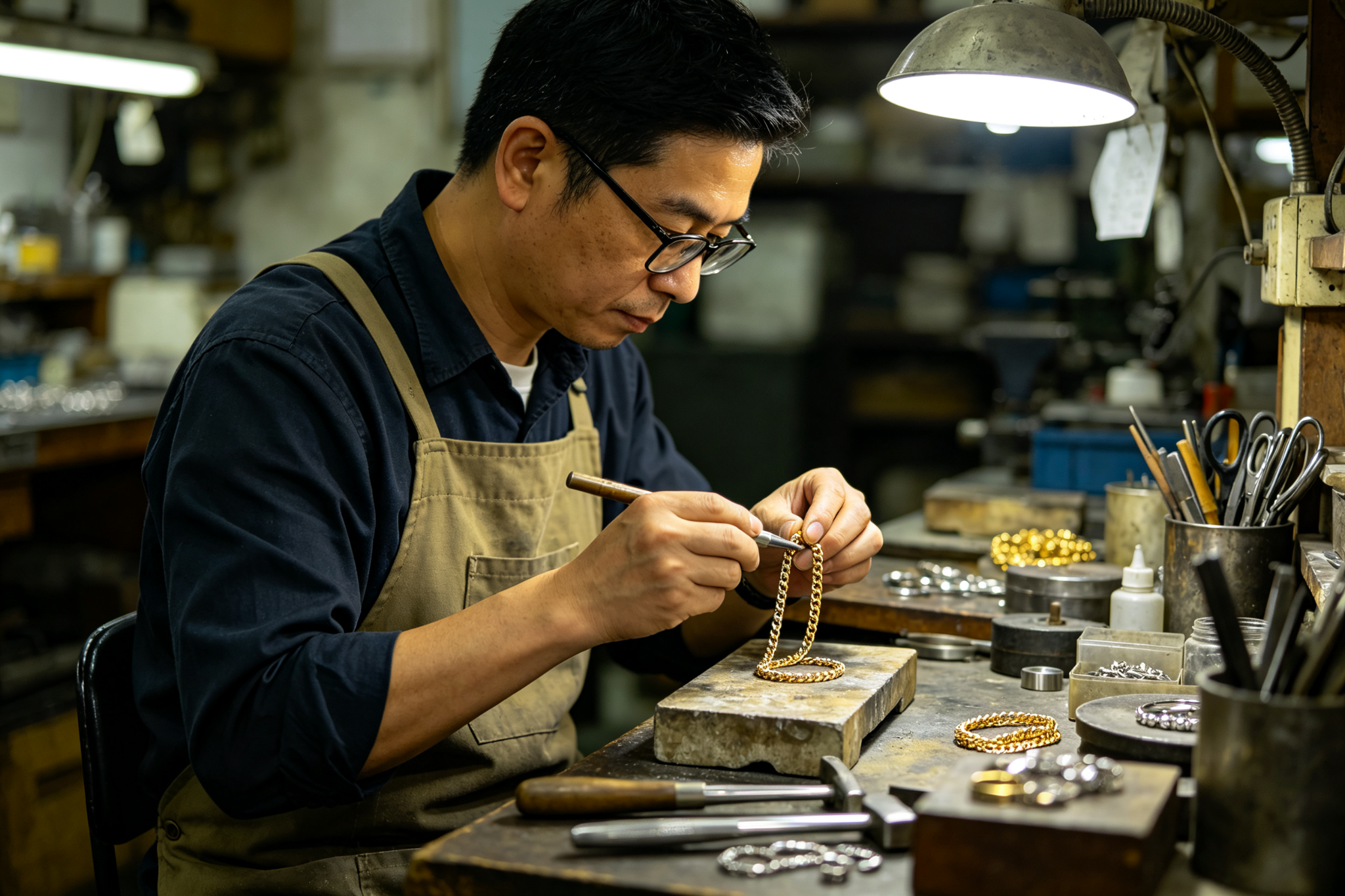 Craftsman polishing gold stainless steel jewelry in the factory workshop