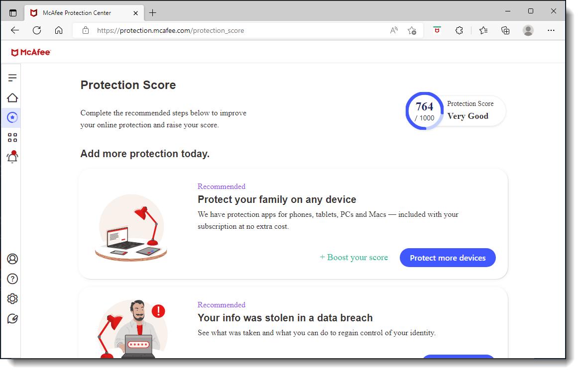 McAfee protection score and identity center