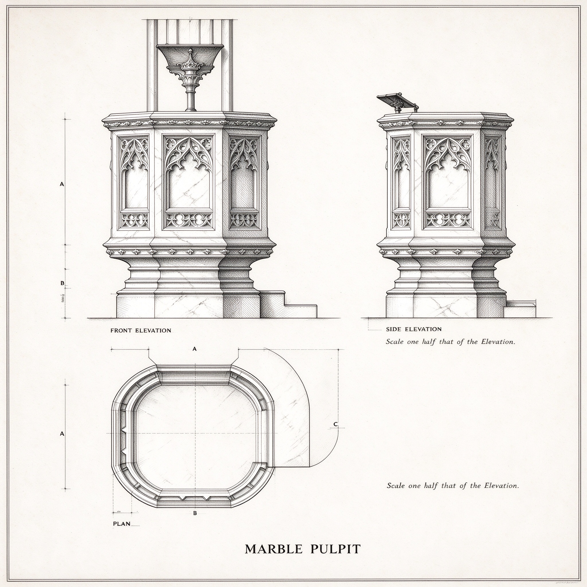 Gothic marble pulpit technical drawing: front, side and plan