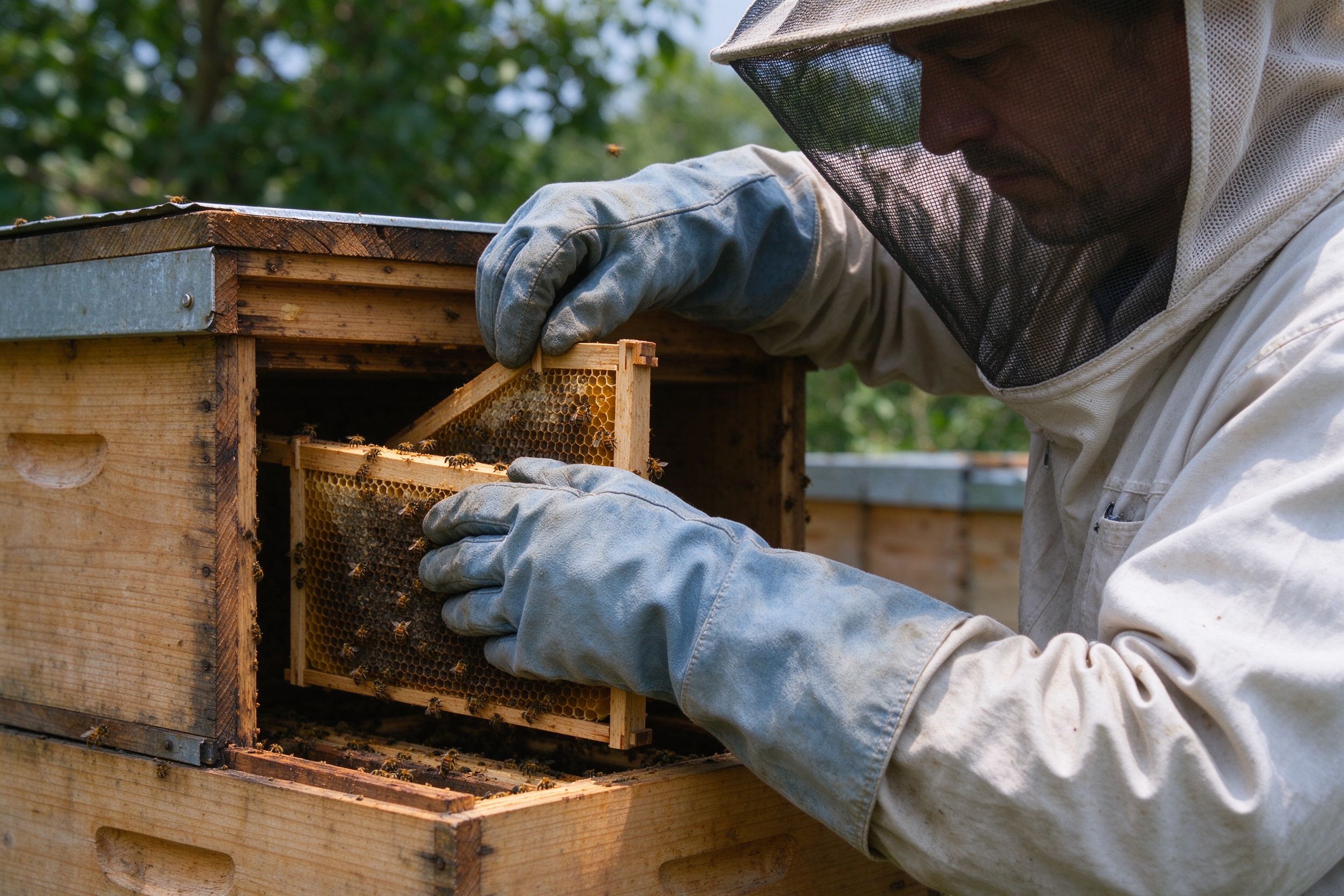 Beekeeper inspecting a wooden hive frame