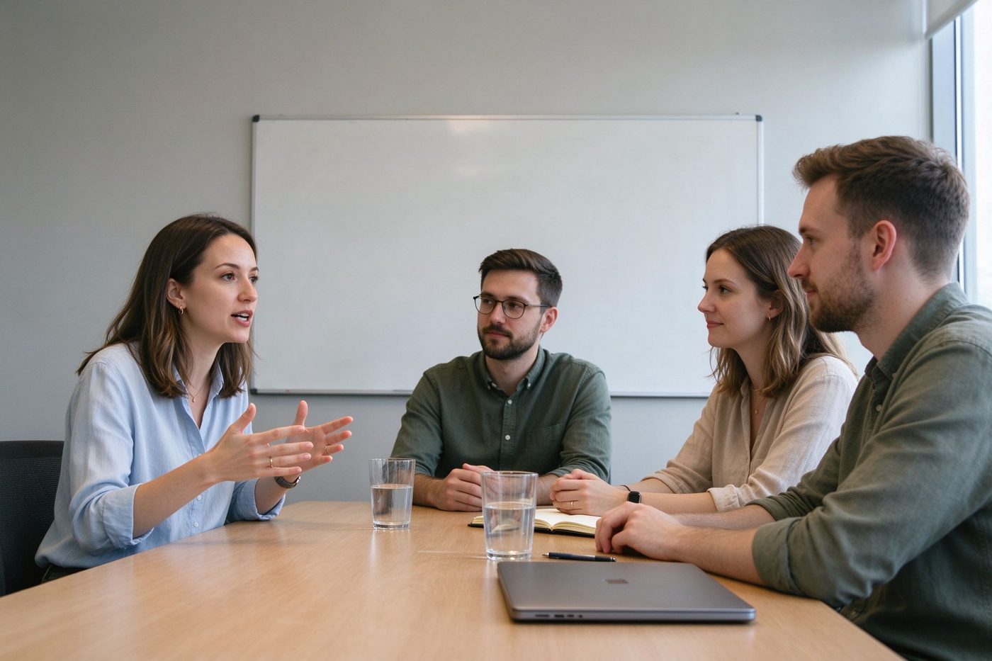 Four colleagues around a table, one speaking