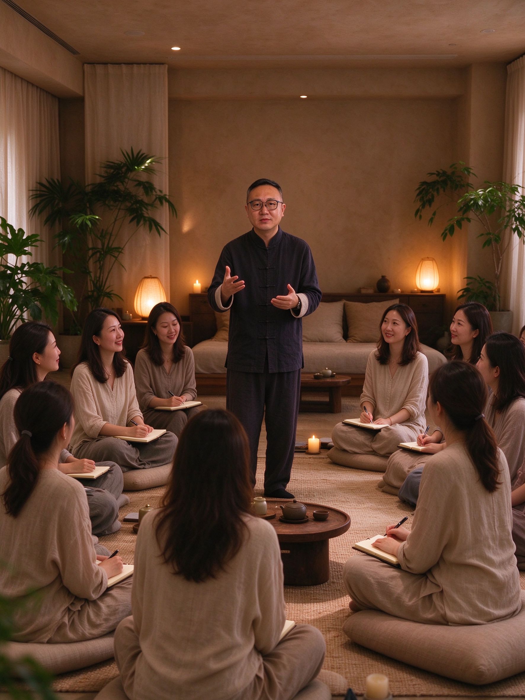 老师讲课 · 学员围坐