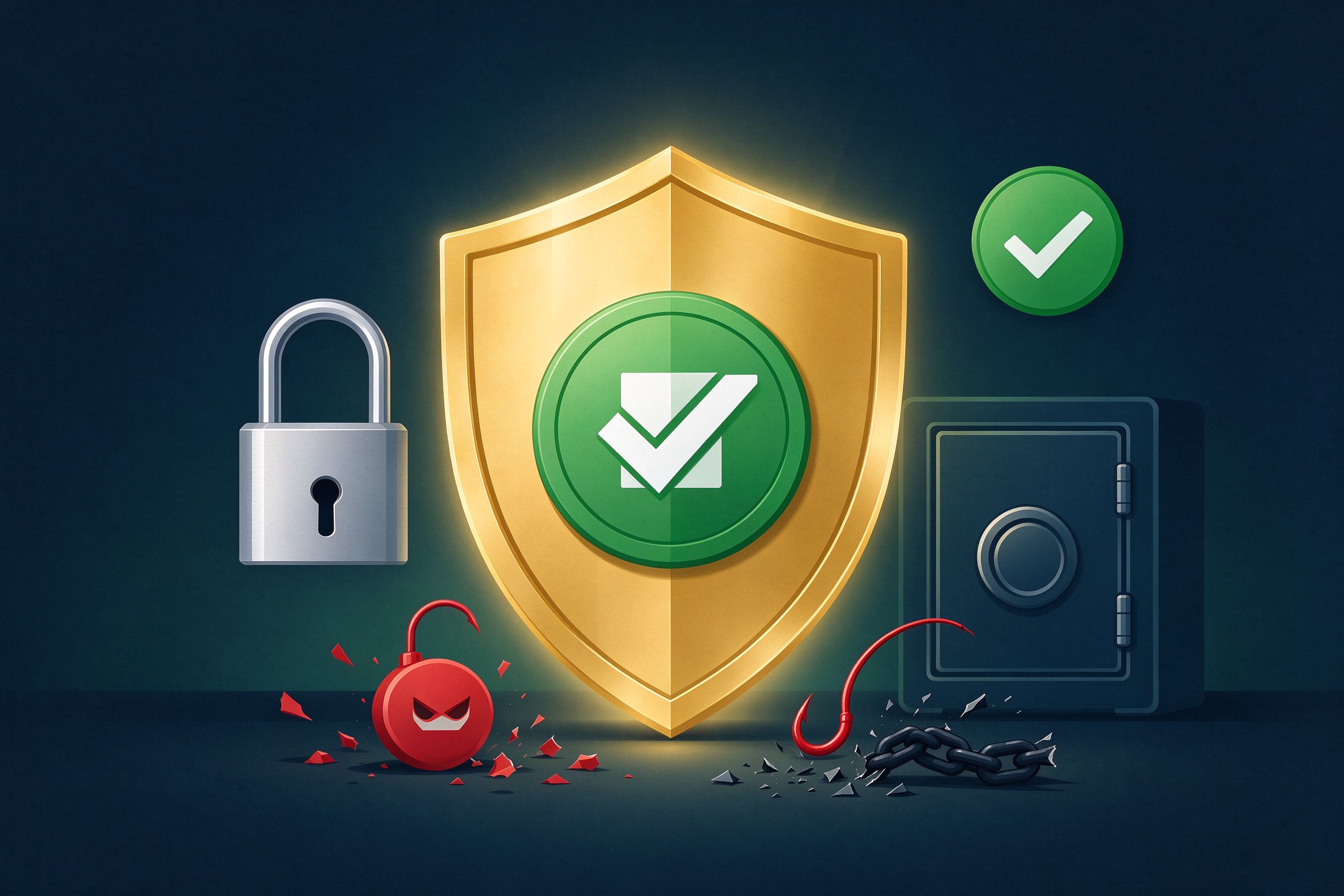 Golden shield protecting a stablecoin asset — editorial illustration
