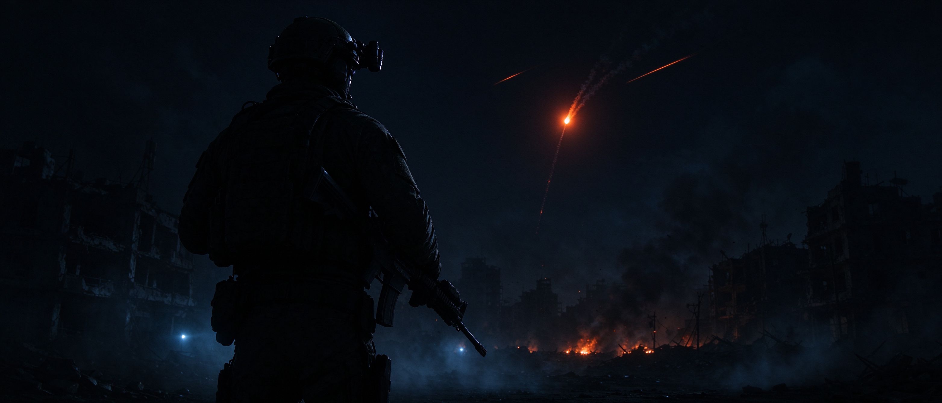 夜战废墟中的特战士兵剪影与橙红色信号弹