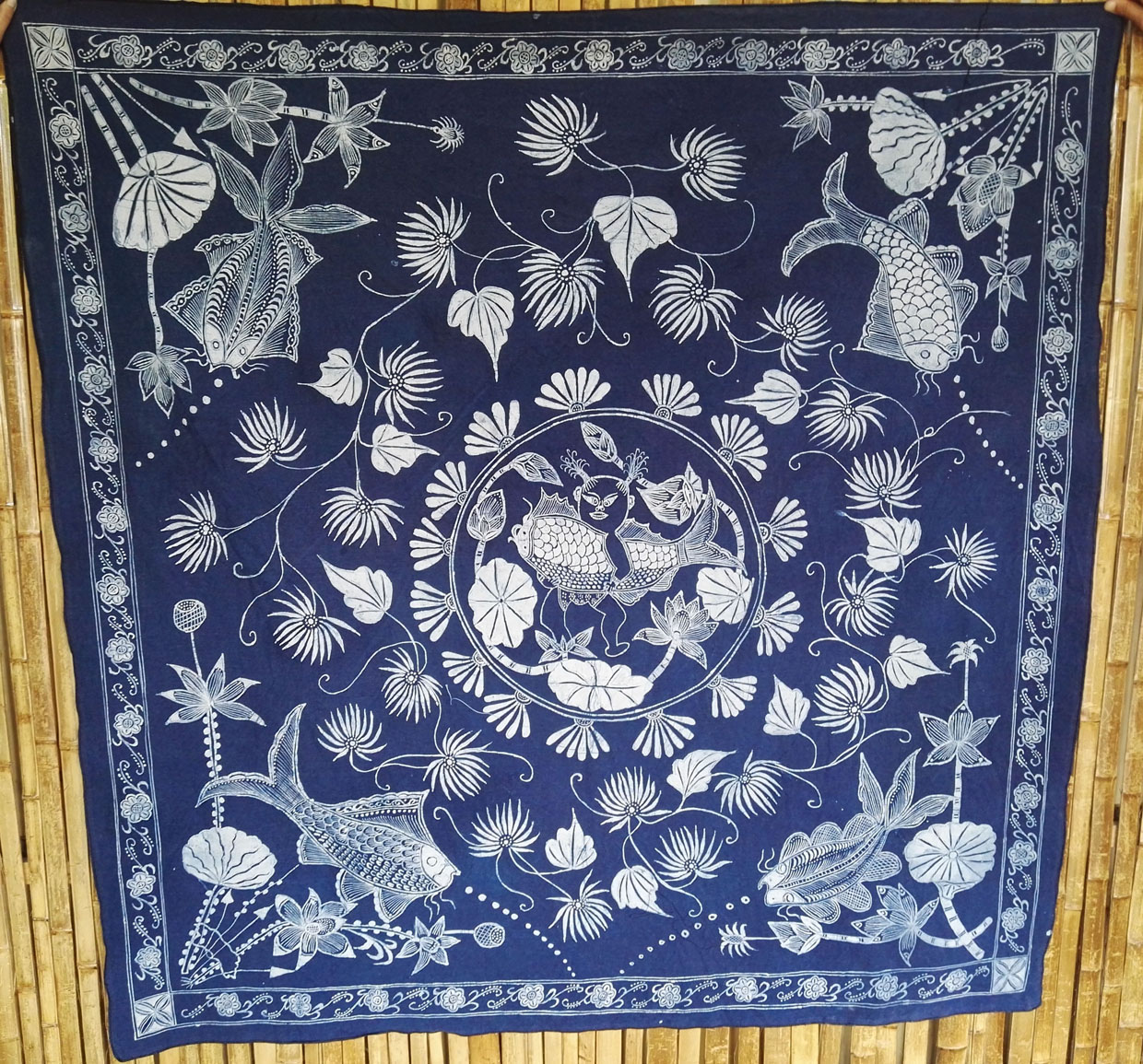 Indigo batik cloth with white patterns, made in the Buyi villages