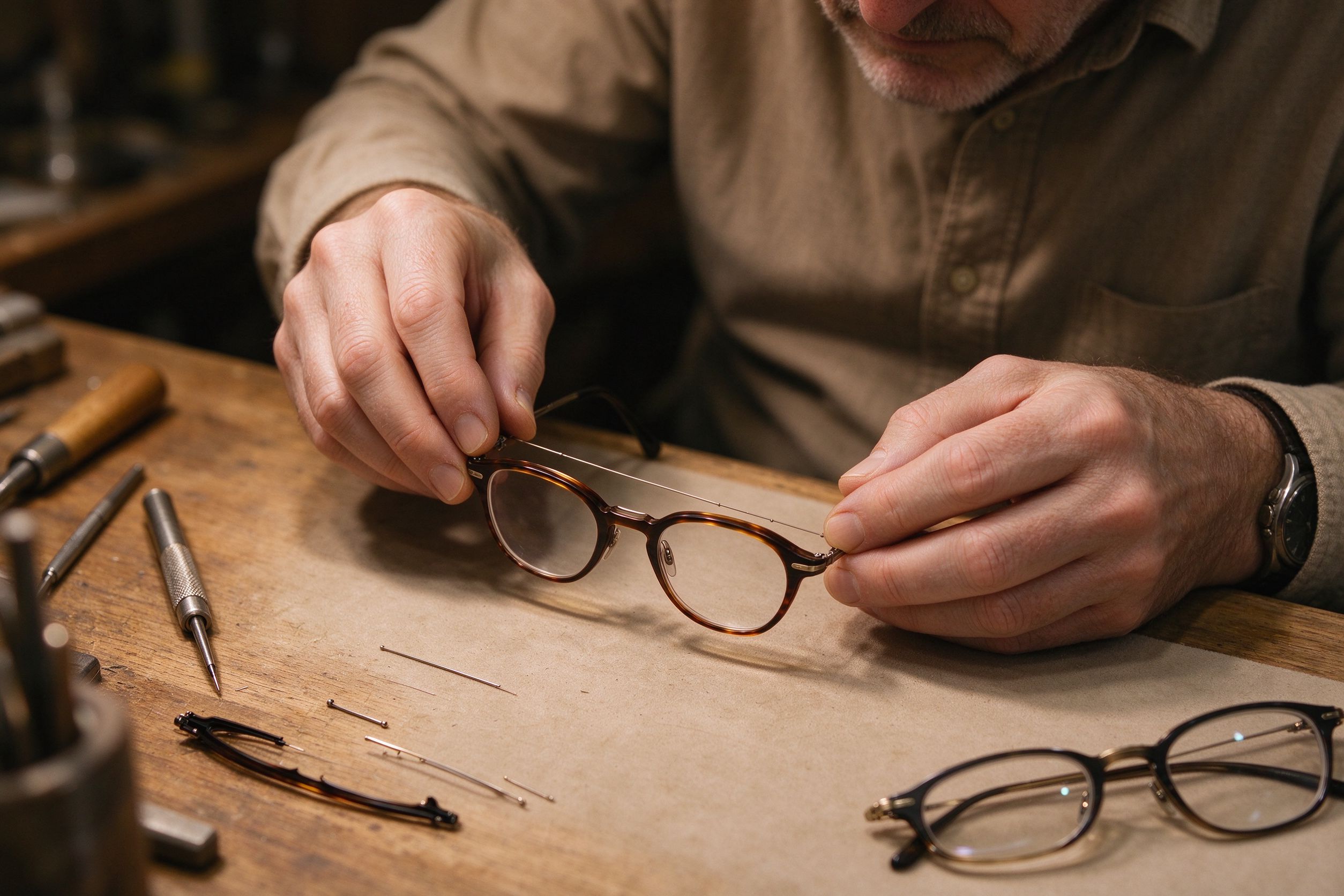 Artisan hands assembling a premium eyeglass frame at a wooden workbench