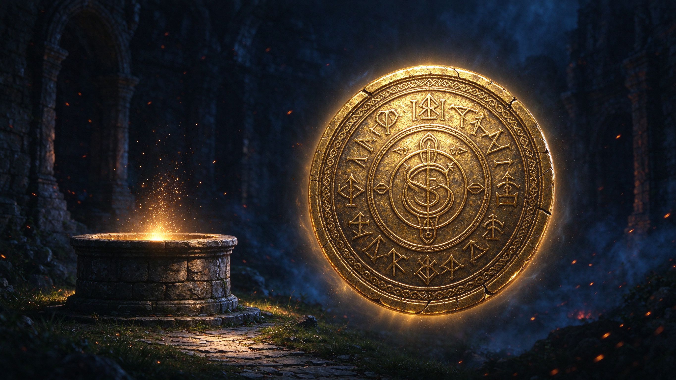 The Lucky Coin hovering beside a glowing wishing well in a ruined sanctuary