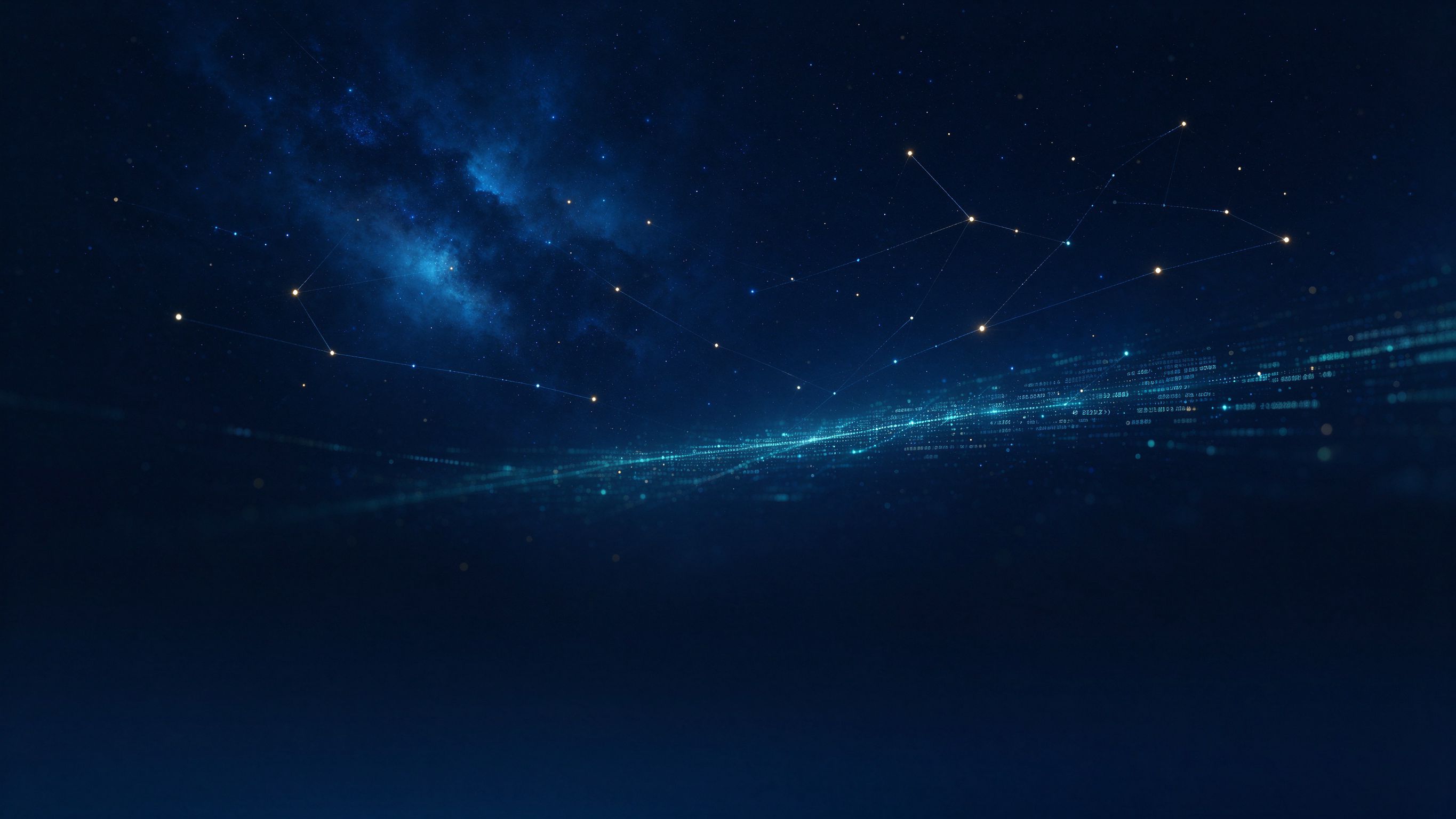 深蓝夜空中的星座连线与数据流光带，象征品牌在AI生成答案中被点亮的位置