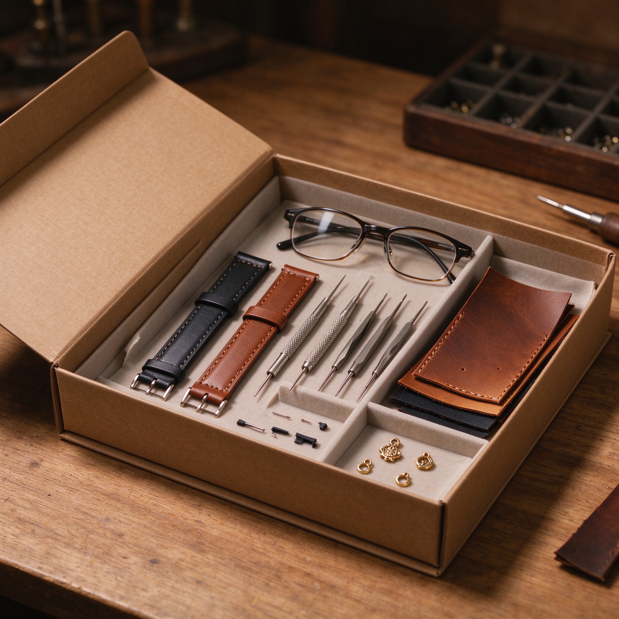 DIY customization kit with leather watch straps, frame parts and precision tools in an open box