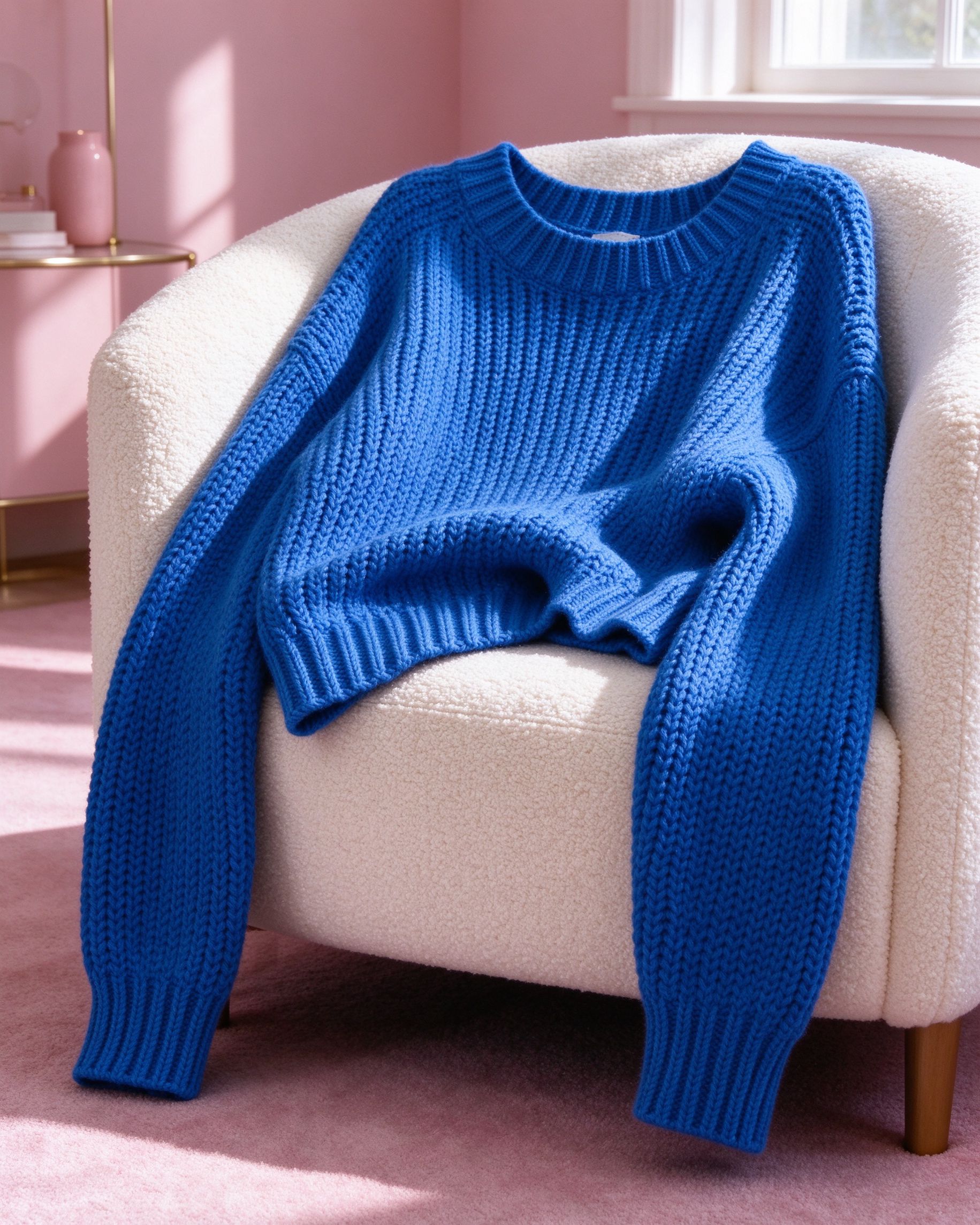 Cobalt oversized knit sweater draped over cream armchair