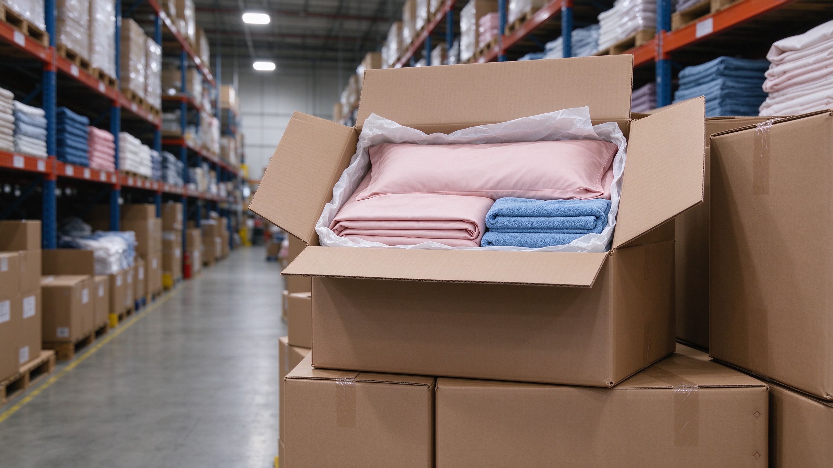 Warehouse boxes with packed wholesale textile products