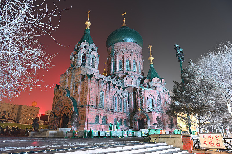 Saint Sophia Cathedral lit at night in Harbin