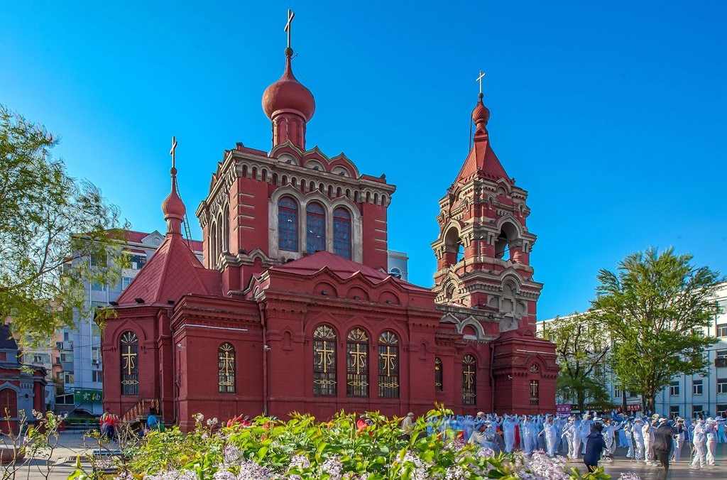 Saint Alekseyev Church, a red-brick Russian Orthodox church in Harbin
