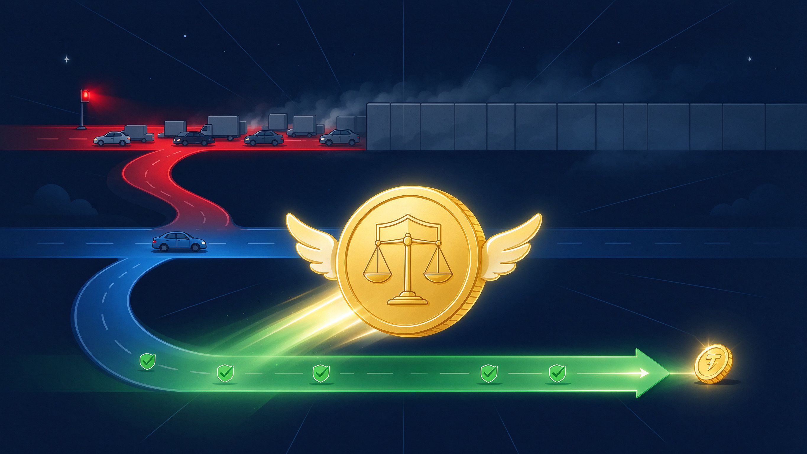 Illustration: a golden USDT coin flying along a green low-fee shortcut while red and blue traffic jam behind it
