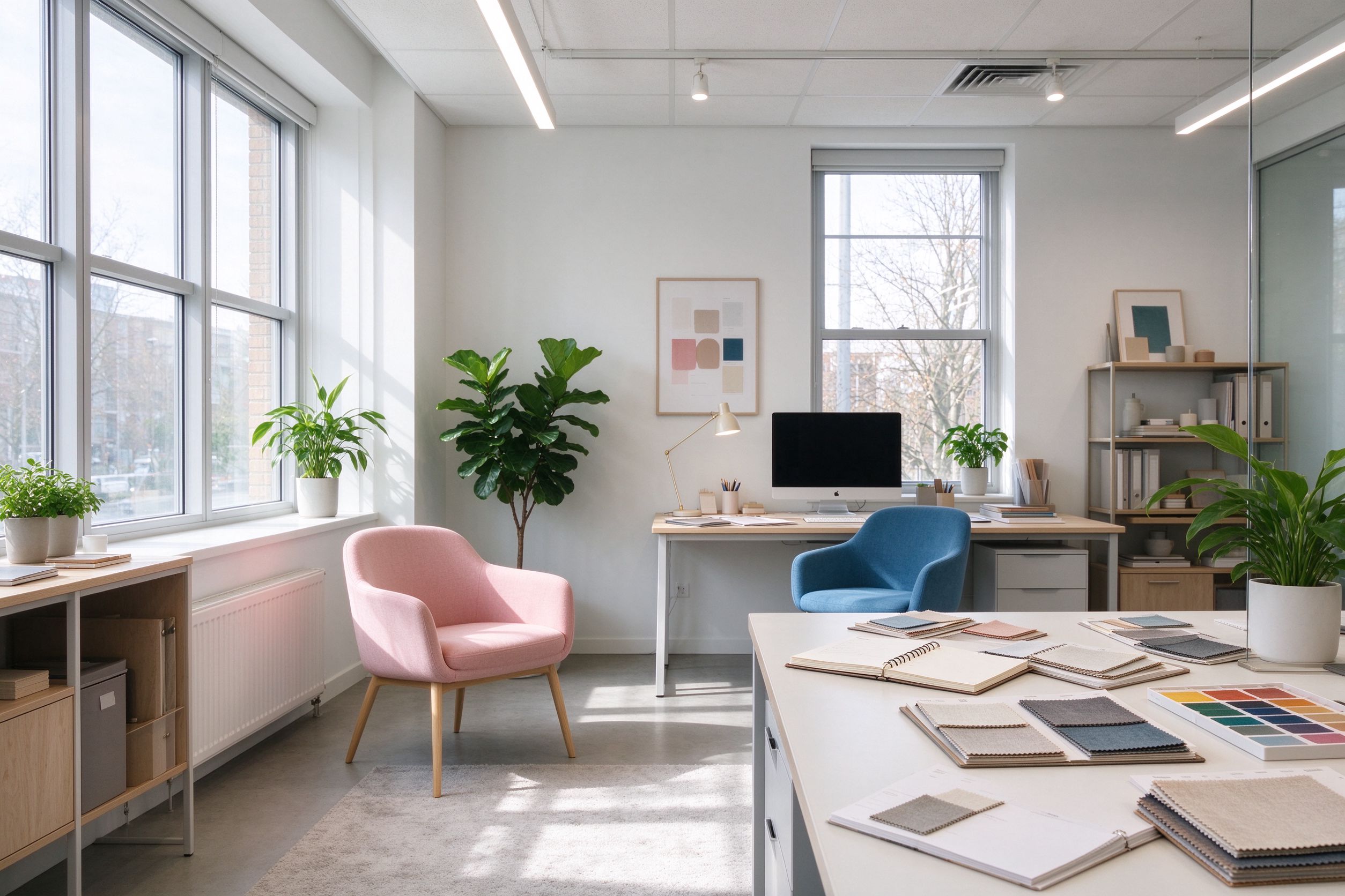 Bright modern office workspace with fabric swatches and design tools